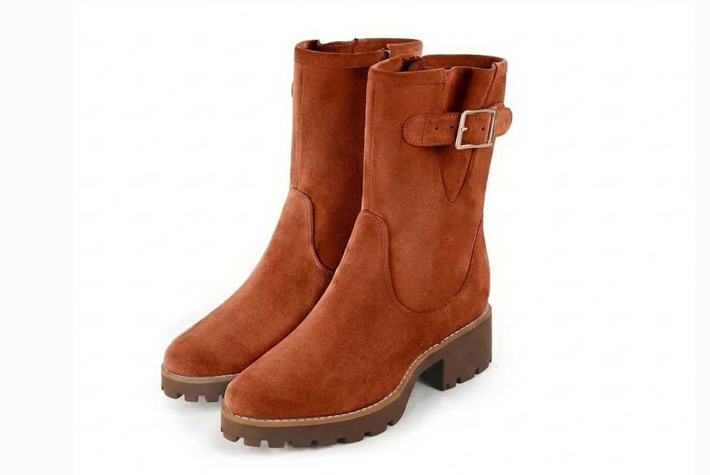 Women's terracotta side-buckle ankle boots with round toe and chunky rubber lug sole - Front view